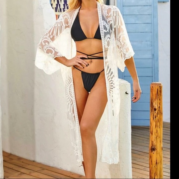 Swimwear cover up kimono mesh lace New ivory - Picture 3 of 4